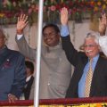 Ranchi 12.2.11 Governor MOH Farook Chief minister Arjun Munda Jharkhand Olympic Association chairman R K Anand former chief minister Sibu Soren and others waving to players during the inagural function 34th National Game at Birsa Munda Athletic stadium Hotwar in Ranchi HT PHOTO PARWAZ KHAN